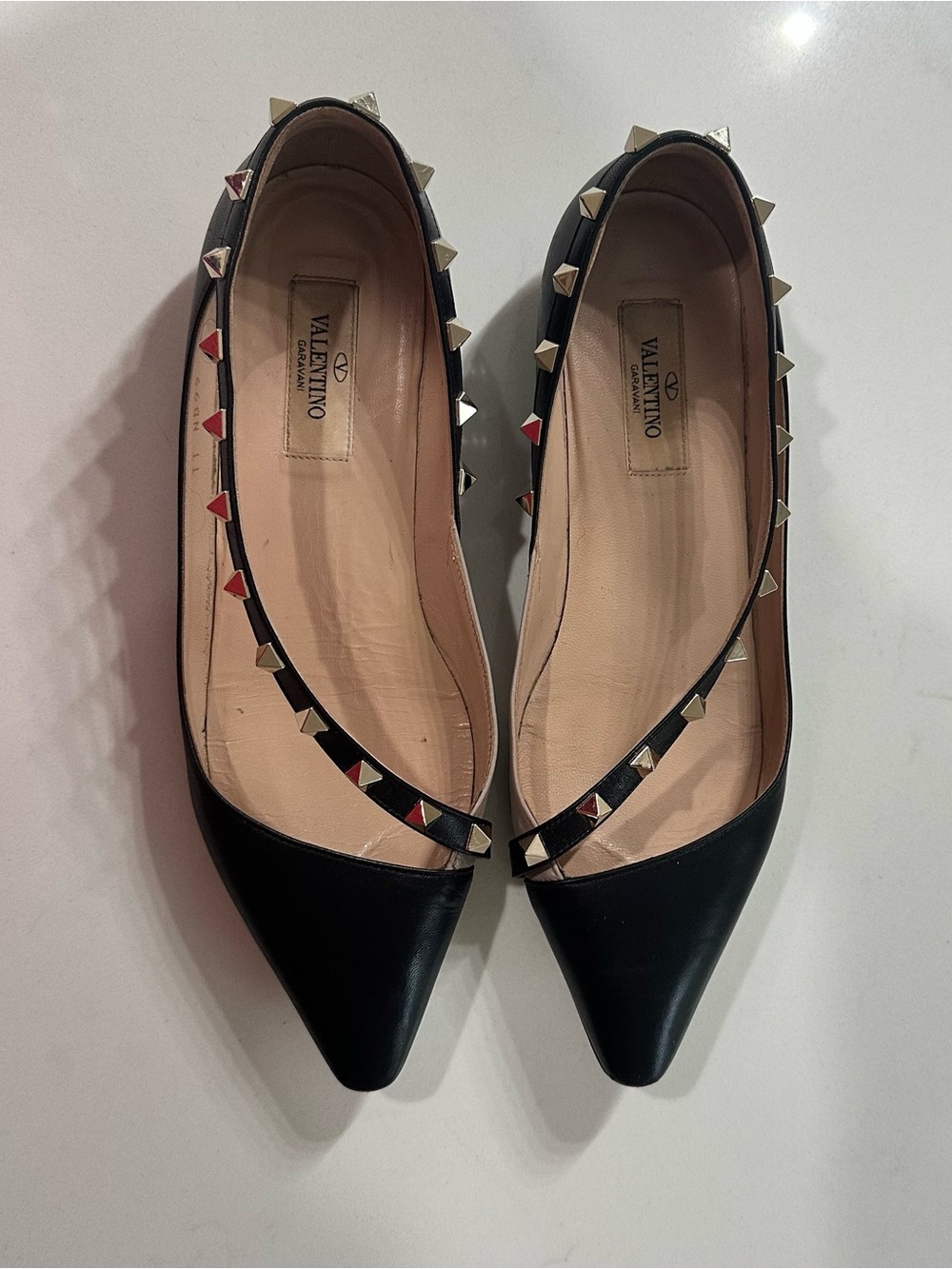 Valentino Black Leather Pointed Rockstud Ballet Flats with Red Accent